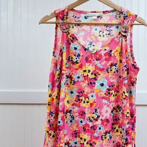 Juniper Lime Pink Floral Tank Sleeveless Women's Blouse High-Low Summer Casual